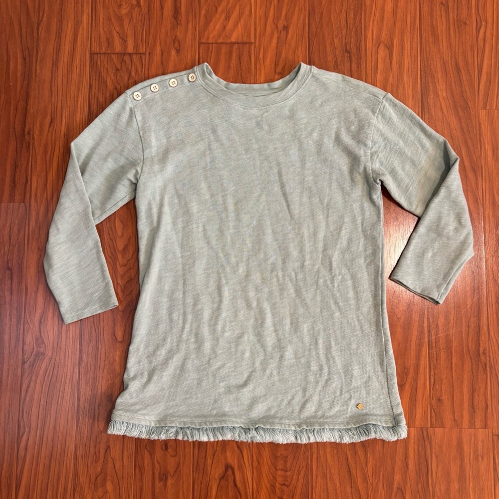 Spartina 449 Sage Green Pullover Sweater Fringe Hem Button Accent Womens XS